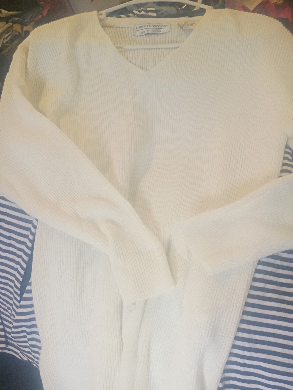 Carolyn Taylor Cream Ribbed V-Neck Sweater